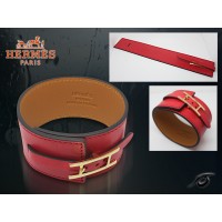 Hermes Fleuron Large Leather Red Bracelet With Gold
